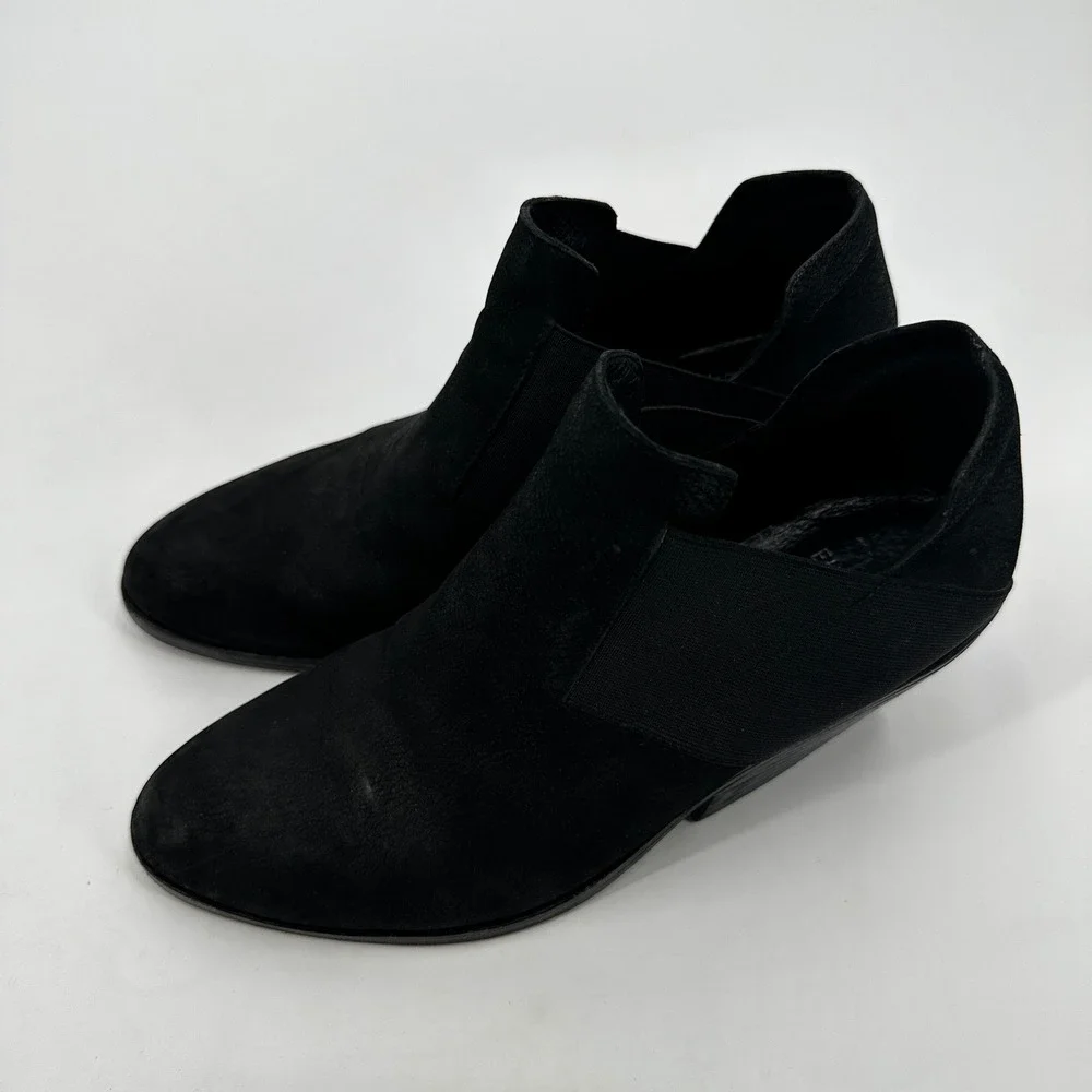 Eileen Fisher Black Suede Wedge Ankle Boots‎ Elastic Gore Almond Toe Booties